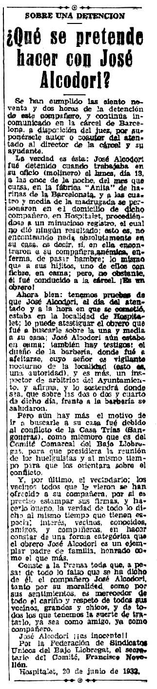 Notícia sobre la detenció de José Alcodori Villalba apareguda en el periòdic madrileny "Tierra" del 25 de juny de 1932