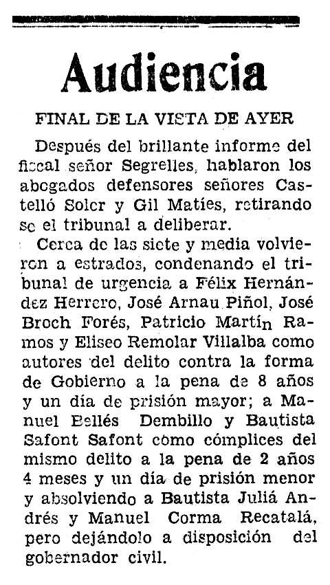 Notícia de la condemna de Josep Arnau Piñol apareguda en el diari "Heraldo de Castellón" de l'1 de gener de 1934