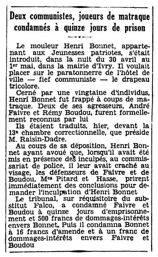 Notícia de la condemna de Rémy Boudou apareguda en el diari parisenc "Le Matin" del 25 de maig de 1932