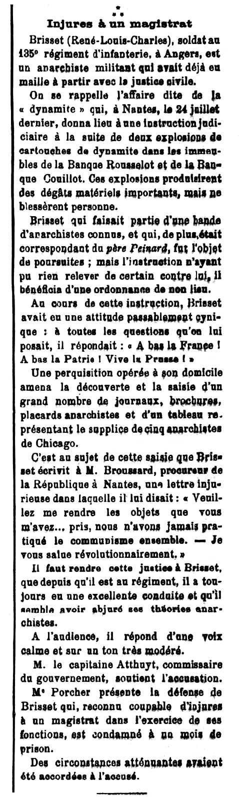 Notícia de la condemna de René Brisset apareguda en el diari de Tours "Journal d'Indre et Loire" del 27 de febrer de 1892