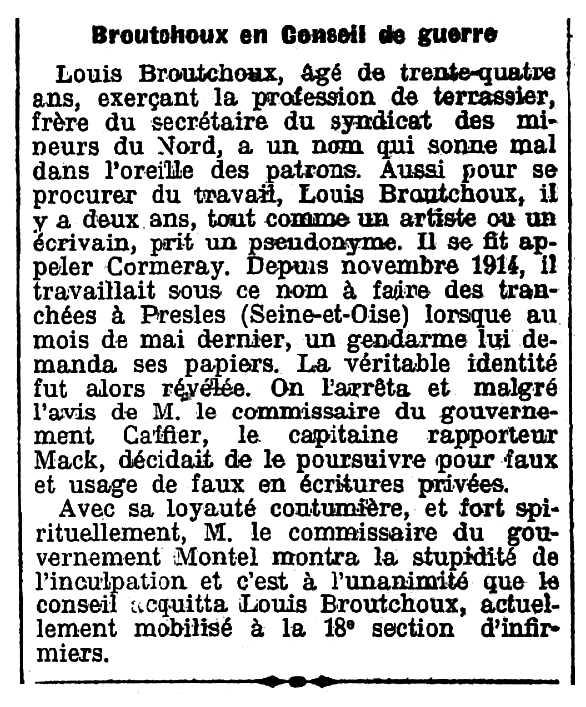 Notícia sobre el processament de Louis Broutchoux apareguda en el diari parisenc "L'Humanité" del 9 d'octubre de 1915