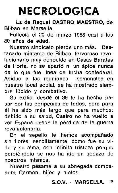 Necrològica de Raquel Castro Maestro apareguda en el periòdic tolosà "Cenit" del 7 de juny de 1983