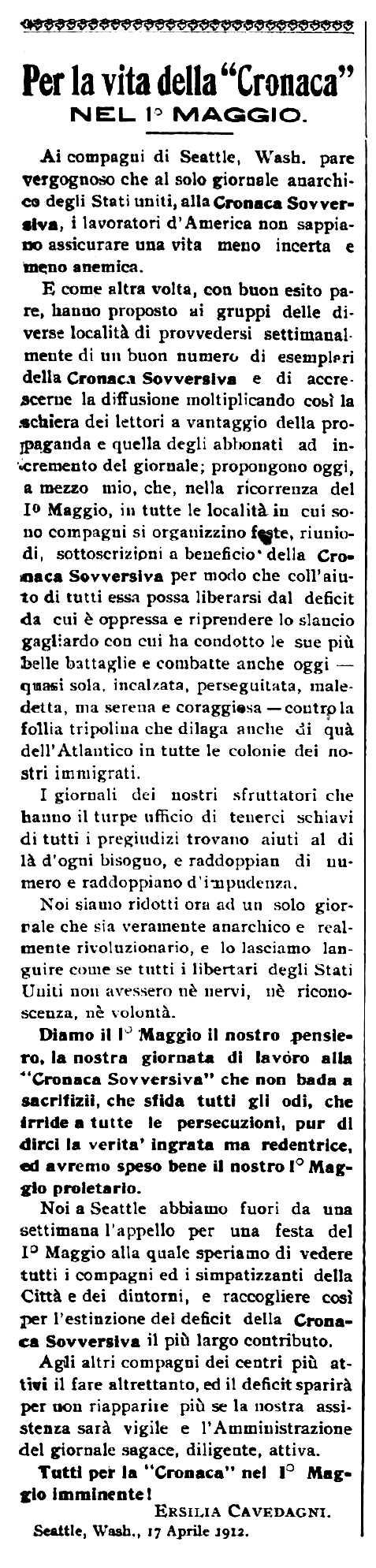 Crida d'Ersilia Cavedagni publicada en el periòdic de Barre (Vermont, EUA) "Cronaca Sovversiva" del 27 d'abril de 1912