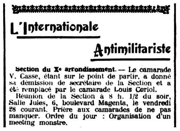 Notícia del nomenament de Louis Coriol apareguda en el periòdic parisenc "Le Libertaire" del 30 de setembre de 1906