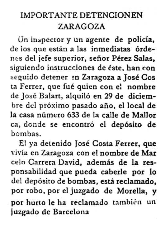 Notícia de la detenció de Josep Costa Ferrer apareguda en "La Voz de Menorca" del 7 de juny de 1933