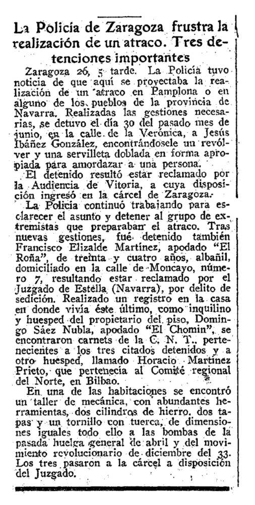 Notícia de la detenció de Francisco Elizalde Martínez apareguda en el diari madrileny "ABC" del 27 de juliol de 1934