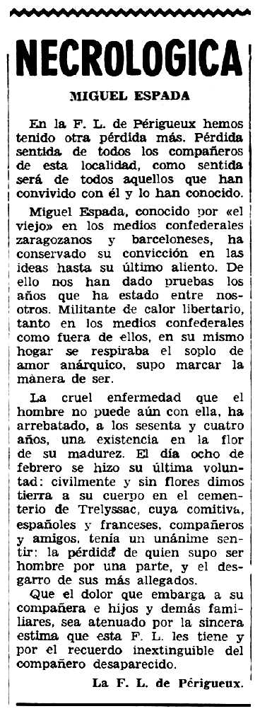 Necrològica de Miguel Espada Bernardo apareguda en el periòdic tolosà "Espoir" del 4 de març de 1962