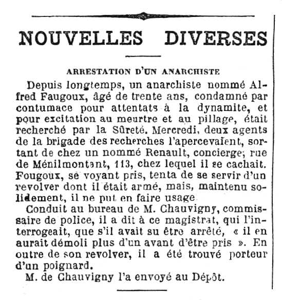 Notícia de la detenció d'Auguste Faugoux apareguda en el diari parisenc "Journal des débats politiques et littéraires" del 19 de febrer de 1892