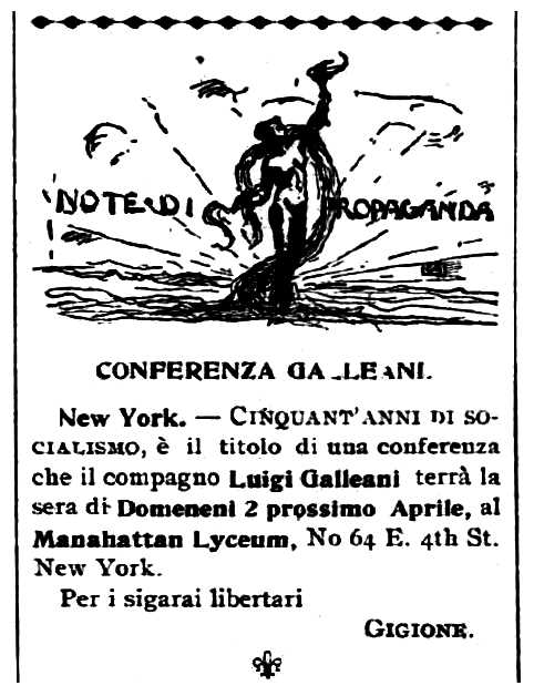 Propaganda de l'acte apareguda en el periòdic de Barre "Cronaca Sovversiva" de l'11 de març de 1911
