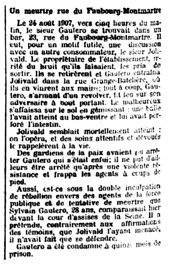 Notícia de la condemna de Sylvain Gautero apareguda en el diari parisenc "L'Autorité" del 20 de febrer de 1908