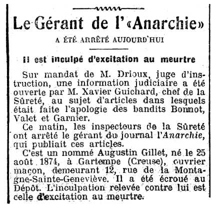 Notícia de la detenció d'Augustin Gillet apareguda en el diari parisenc "La Presse" del 25 de maig de 1912