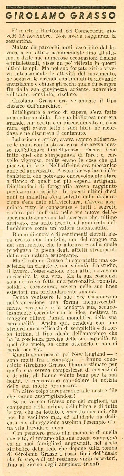 Necrològica de Girolamo Grasso publicada en el periòdic novaiorquès "L'Adunata dei Refrattari" del 21 de novembre de 1942