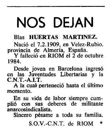 Necrològica de Blas Huertas Martínez apareguda en el periòdic tolosà "Cenit" del 19 de febrer de 1985
