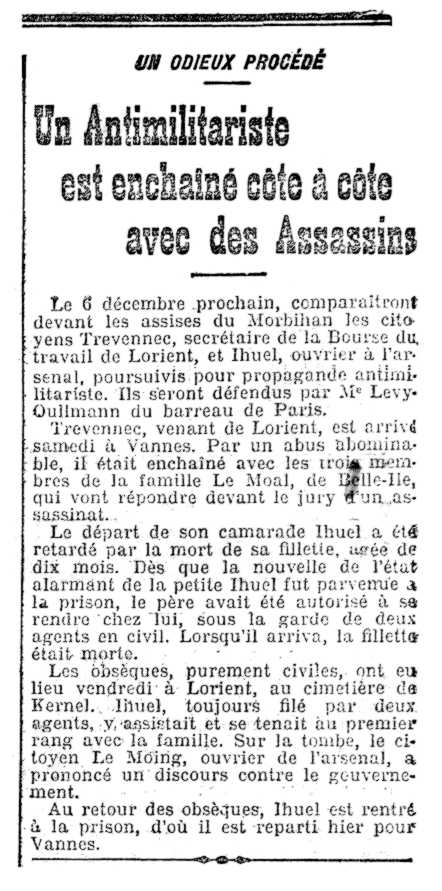 Notícia del processament de Jean-Michel Ihuel apareguda en el diari parisenc "L'Humanité" del 2 de desembre de 1907