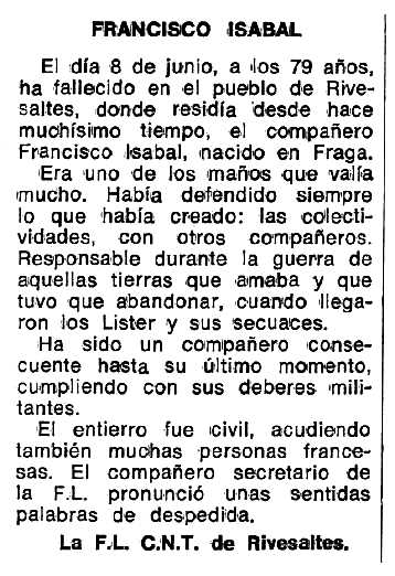Necrològica de Francisco Isabal Begué apareguda en el periòdic tolosà "Espoir" del 23 de juliol de 1979