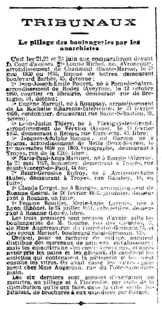 Notícia del judici d'Eugène Mareuil apareguda en el periòdic parisenc "La Lanterne" del 6 de juny de 1883