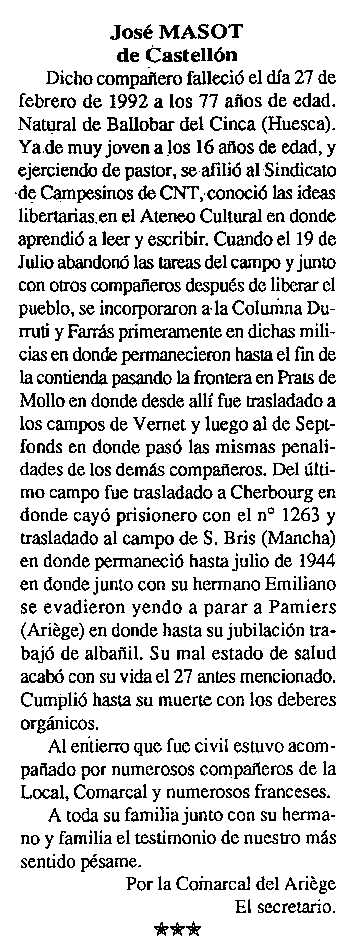 Necrològica de José Masot Castillón apareguda en el periòdic tolosà "Cenit" del 14 d'abril de 1992