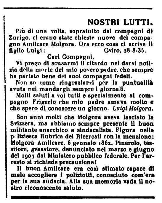 Notícia de la mort d'Amilcare Molgora apareguda en el periòdic ginebrí "Il Risveglio Anarchico" del 21 de setembre de 1935