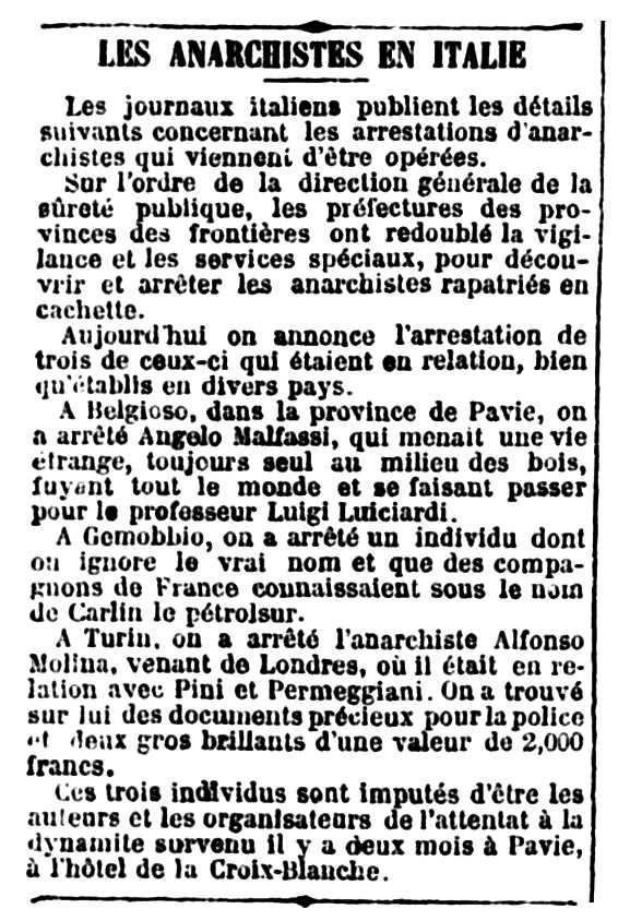 Notícia de la detenció d'Alfonso Molina apareguda en el diari parisenc "Le Petit Moniteur Universal" del 7 de setembre de 1892