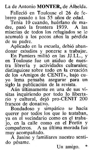 Necrològica d'Antonio Monter Girón apareguda en el periòdic tolosà "Cenit" del 14 d'abril de 1984