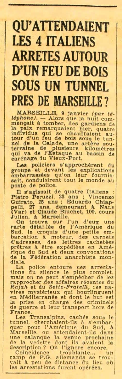 Notícia de la detenció de Piero Peruzzi apareguda en el diari parisenc "Ce Soir" del 10 de gener de 1948