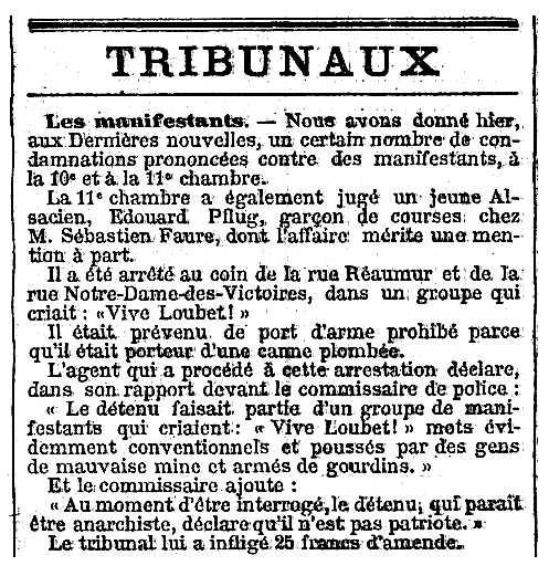 Notícia de la condemna d'Edouard Pflug apareguda en el periòdic parisenc "Le Temps" del 23 de febrer de 1899