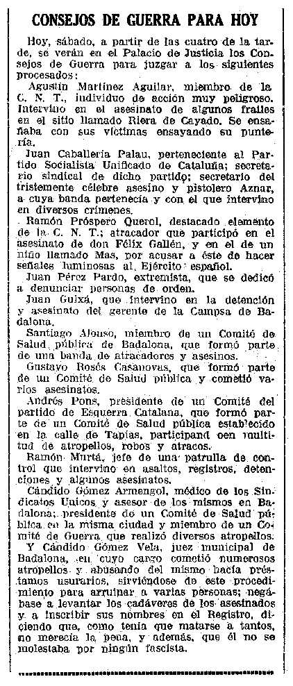 Notícia del consell de guerra contra Ramon Próspero Querol i altres companys apareguda en el diari barceloní "La Vanguardia" del 18 de febrer de 1939