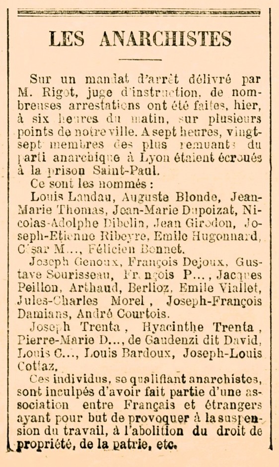 Notícia de la detenció de Joseph Ribeyre apareguda en el diari lionès "Le Progrès" del 20 de novembre de 1882