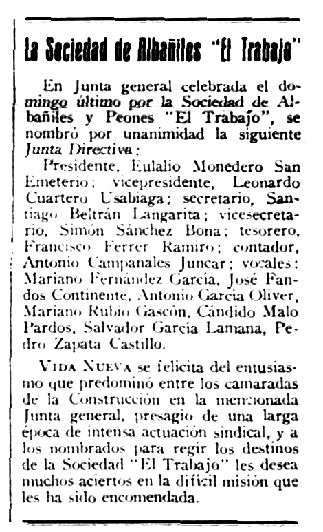 Notícia del nomenament de Simón Sánchez Bona apareguda en el periòdic saragossà "Vida Nueva" del 7 de març de 1936