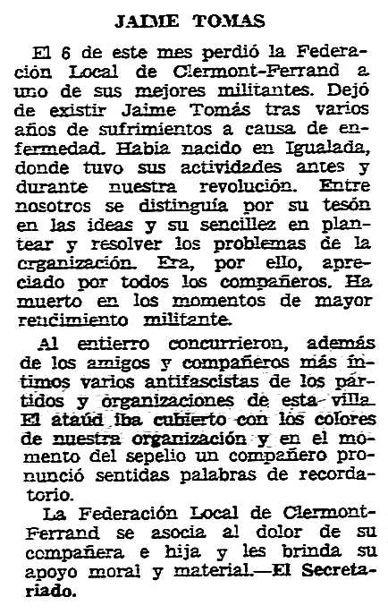 Necrològica de Jaume Tomàs Turull apareguda en el periòdic tolosà "CNT" del 29 de desembre de 1957