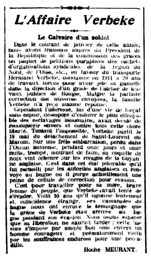 Notícia sobre el "Cas Verbeke" publicada en el periòdic parisenc "Le Libertaire" del 3 d'octubre de 1920