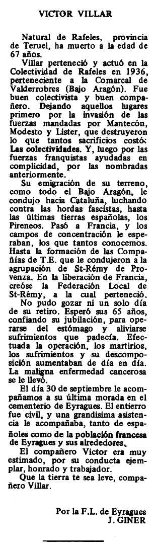 Necrològica de Victorino Villar Serrat apareguda en el periòdic tolosà "Espoir" del 9 de novembre de 1980